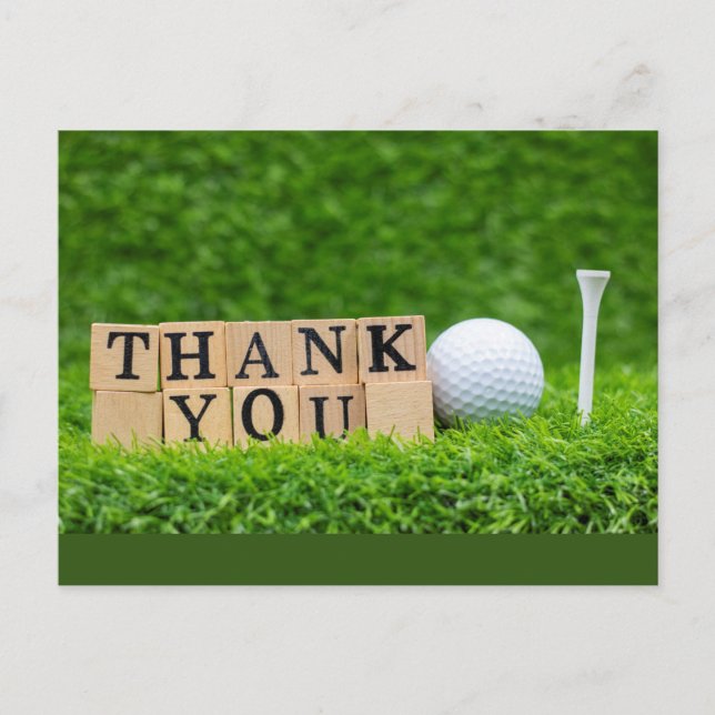 Golf ball with thank you  word on green grass  postcard (Front)