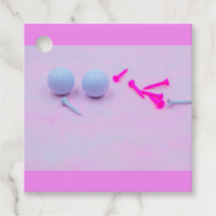 Golf ball with white pink tee on pink background favour tags