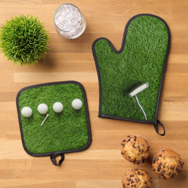 Golf Balls are on green grass Oven Mitt & Pot Holder Set (Top Down)