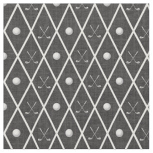 Golf Balls & Clubs Argyle on Black Fabric