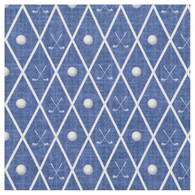 Golf Balls & Clubs Argyle on Medium Blue Fabric (Close Up)