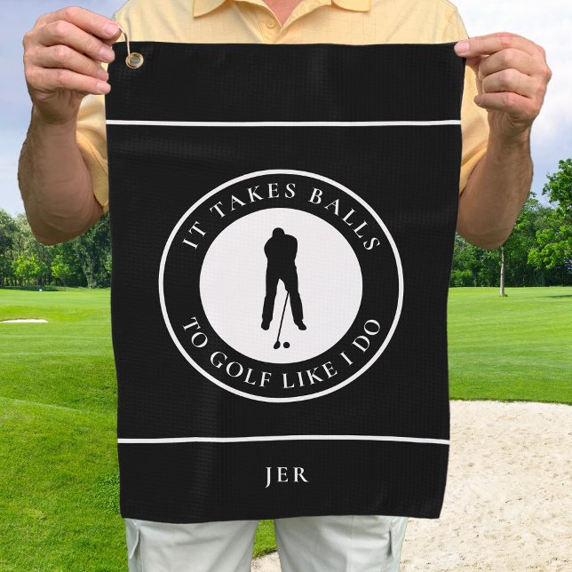 Golf Balls Humour Golfer Sports Pun Monogram Black Golf Towel (Creator Uploaded)