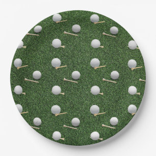Golf balls on green grass paper plate