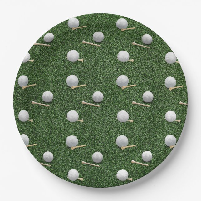 Golf balls on green grass paper plate (Front)