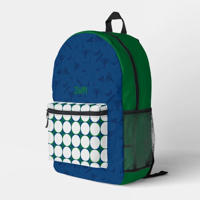 Golf Balls Pattern INITIALS Green Blue Preppy Fun Printed Backpack (Back Corner Right)