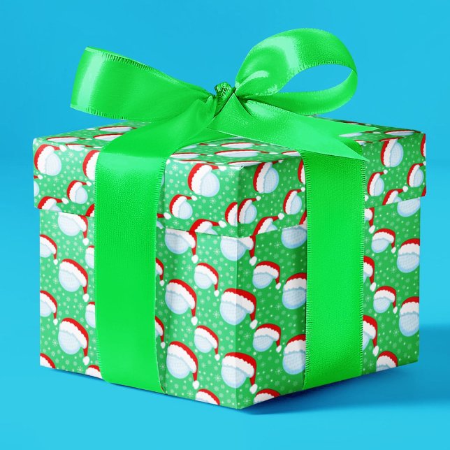 Golf Balls Santa's Hat & Snowflakes Light Green Wrapping Paper (Creator Uploaded)
