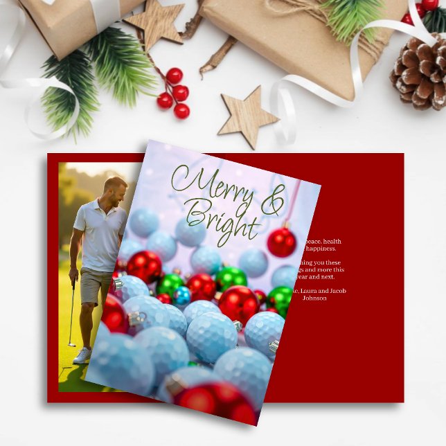 Golf Balls & Shiny Ornaments • Family Photo Red Holiday Card (Creator Uploaded)