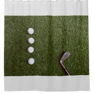 Golf bathroom with golf ball with putter shower curtain