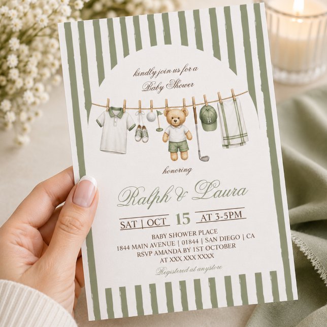 Golf Bear Clothesline Baby Shower Invitation (Creator Uploaded)