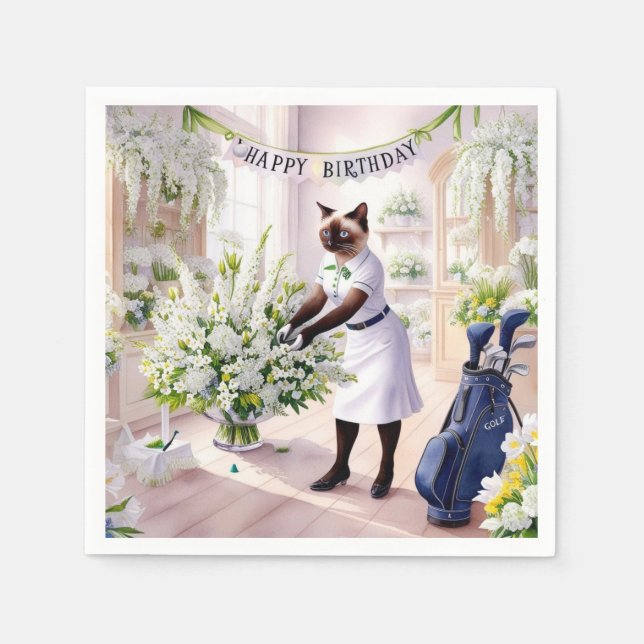 Golf Birthday Party for Cat Lovers with flowers Napkin (Front)