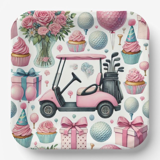 Golf Birthday Party Pink Themed for Girl Woman  Paper Plate (Front)