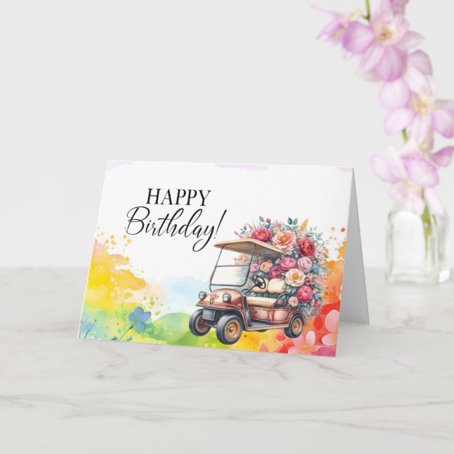 Golf  Birthday to Golfer with golf cart watercolor Card (Orchid)