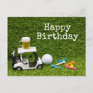 Golf birthday with ball and beer with tees postcard