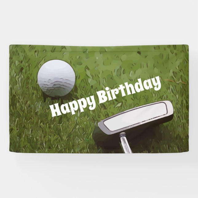 Golf birthday with golf ball and putter on green banner (Horizontal)