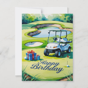 Golf Birthday with golf cart for golfer Postcard