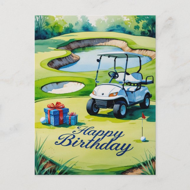 Golf Birthday with golf cart for golfer Postcard (Front)