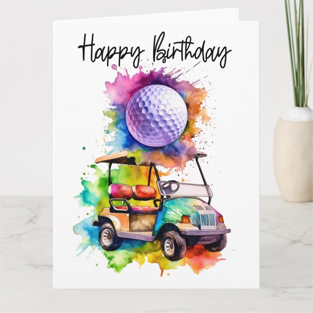 Golf Birthday with golf cart   watercolor Card (Front)