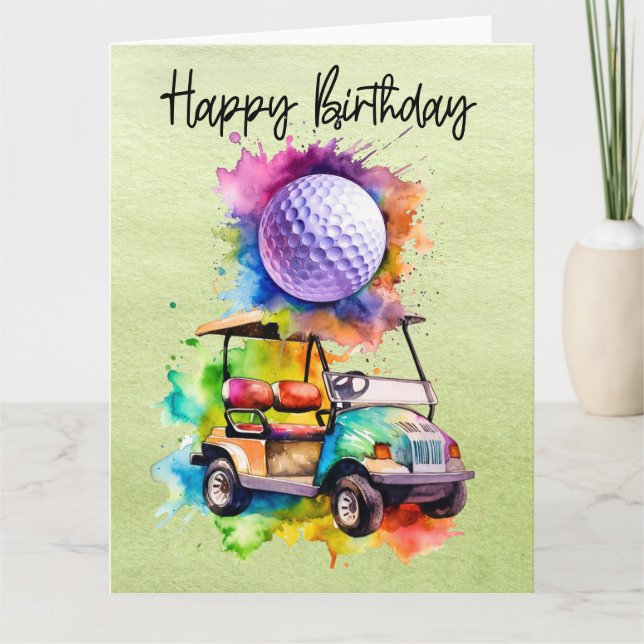 Golf Birthday with golf cart   watercolor Card (Front)
