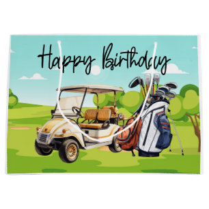 Golf Birthday with golf cart   watercolor Large Gift Bag