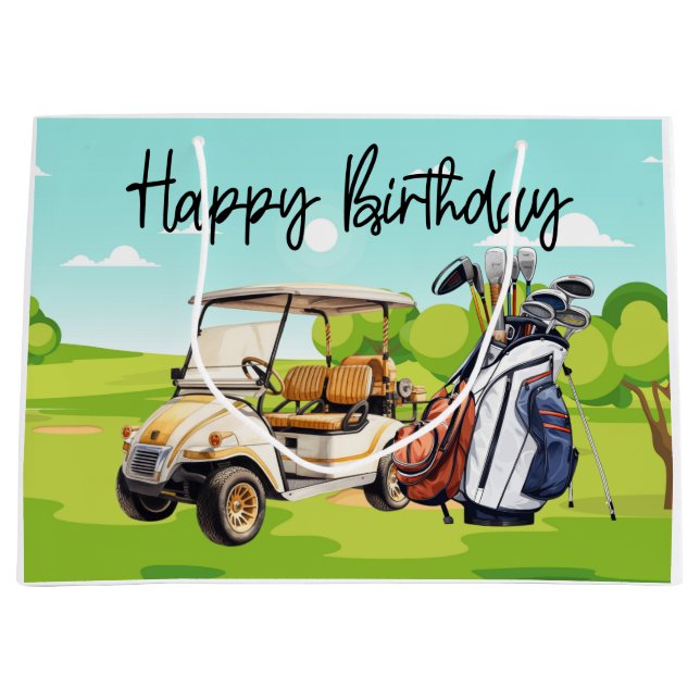 Golf Birthday with golf cart   watercolor Large Gift Bag (Front)