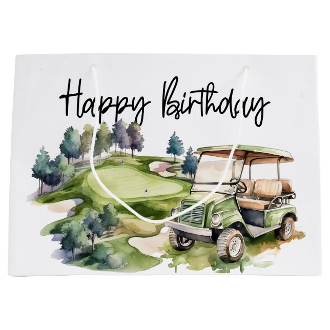 Golf Birthday with golf cart   watercolor Large Gift Bag (Front)