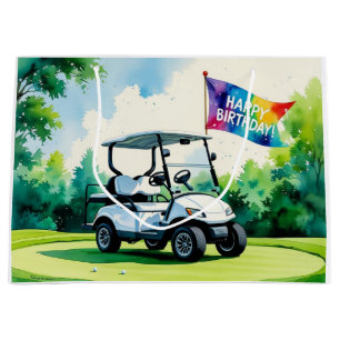 Golf Birthday with golf cart watercolor Large Gift Bag