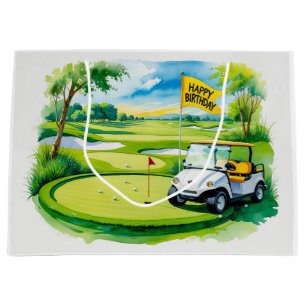 Golf  Birthday with golf cart   watercolor Large Gift Bag