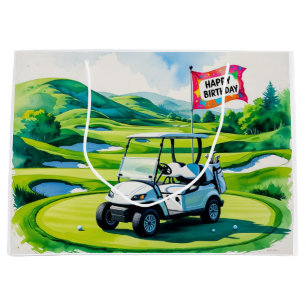 Golf  Birthday with golf cart   watercolor Large Gift Bag