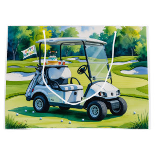 Golf  Birthday with golf cart   watercolor Large Gift Bag