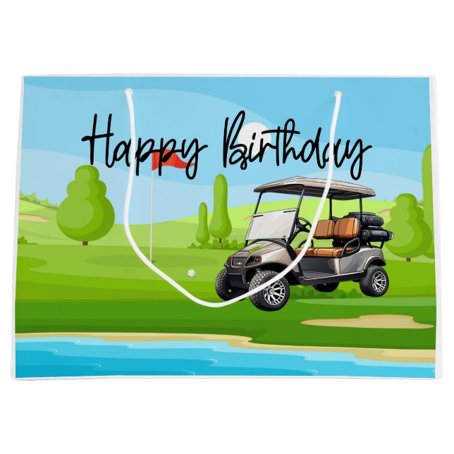 Golf Birthday with golf cart   watercolor Large Gift Bag (Front)