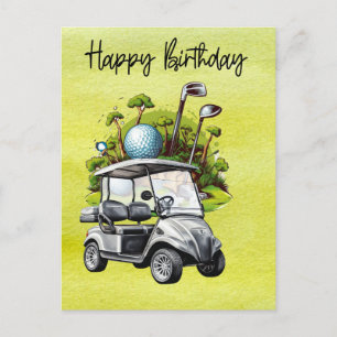 Golf Birthday with golf cart   watercolor Postcard