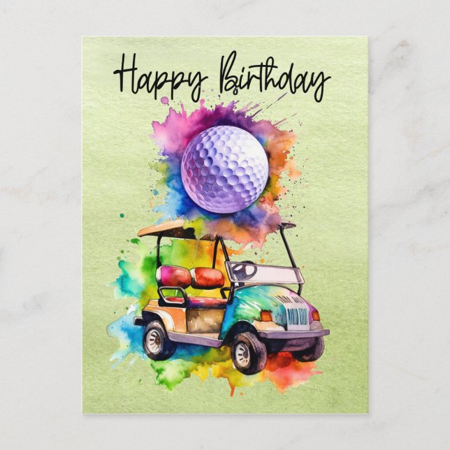 Golf Birthday with golf cart   watercolor Postcard (Front)