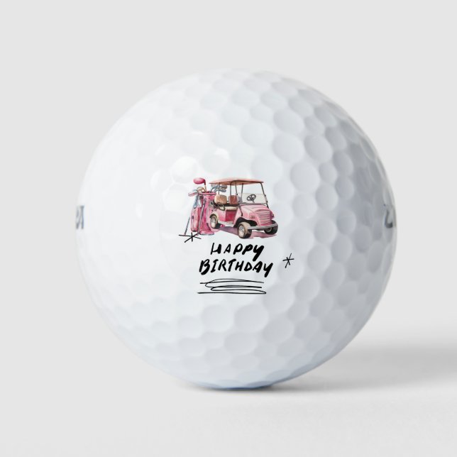 Golf birthday with pink cart and bag for woman  golf balls (Front)