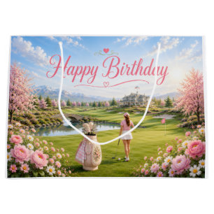 Golf Birthday Woman Golfer on Golf Course Large Gift Bag