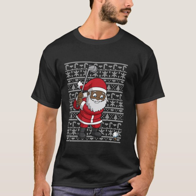 Golf Black African American Santa Claus Golfing Go T-Shirt (Front)