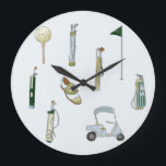 Golf blue and green watercolor large clock<br><div class="desc">This large clock design features a serene golf scene, brought to life with soft blue and green watercolor strokes that evoke the tranquillity of the course. The watercolor palette blends shades of blue for the sky and green for the lush grass, creating a calming, nature-inspired backdrop. Perfect for golf enthusiasts,...</div>