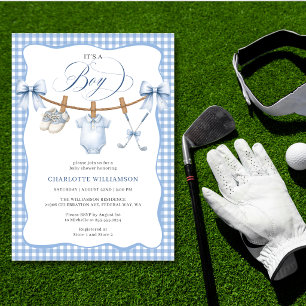 Golf Blue Gingham Clothesline Baby Boy Shower Invitation