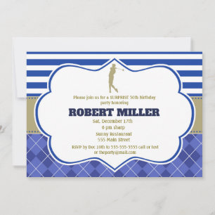 Golf Blue Gold Adult Birthday Invitation