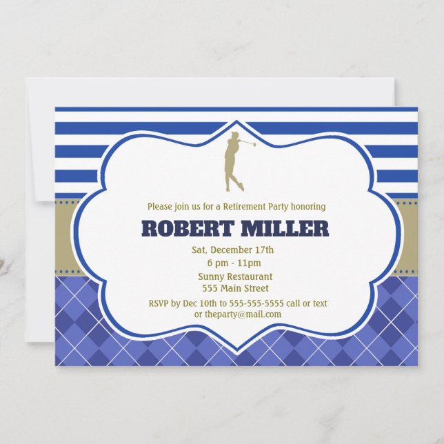 Golf Blue Gold Adult Retirement Party Invitation (Front)