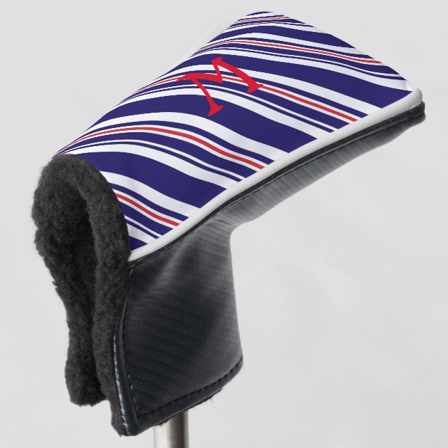 GOLF-Blue Stripe, Monogram Golf Putter Head Cover (3/4 Front)