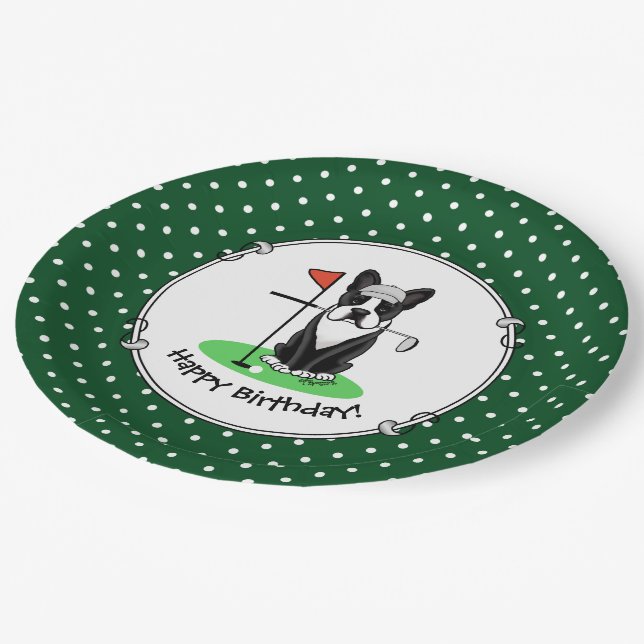 Golf Boston Terrier (black) Cute Dog Paper Plate (Angled)