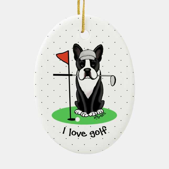 Golf Boston Terrier Dog (black) Cute Ceramic Tree Decoration (Back)
