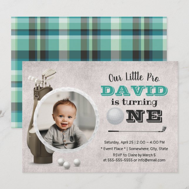 Golf Boy Future Golfer Cute Photo 1st Birthday Invitation (Front/Back)