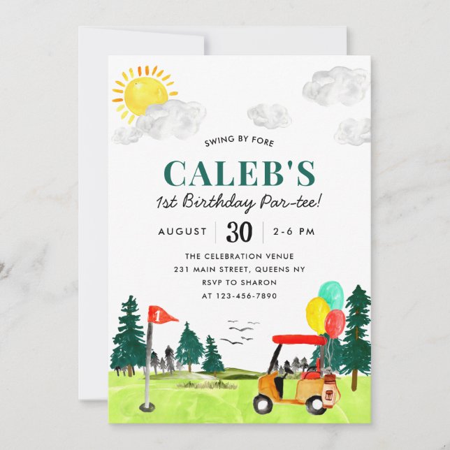 Golf Boy Golfing Swing By Fore a Par-tee Birthday Invitation (Front)