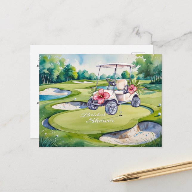 Golf Bridal Shower with golf cart for Bride Golfer Postcard (Front/Back In Situ)