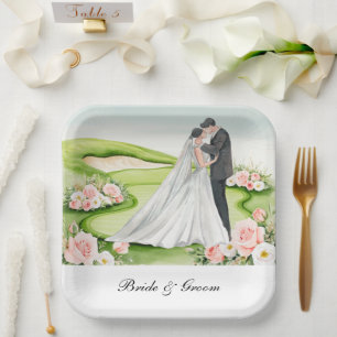 Golf Bride and Groom on Golf Course Wedding Paper Plate