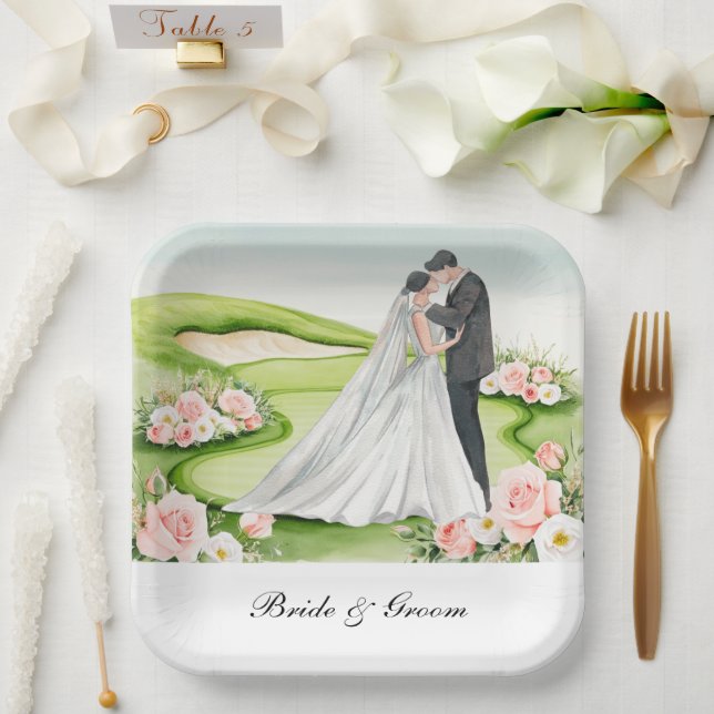 Golf Bride and Groom on Golf Course Wedding Paper Plate (Wedding)
