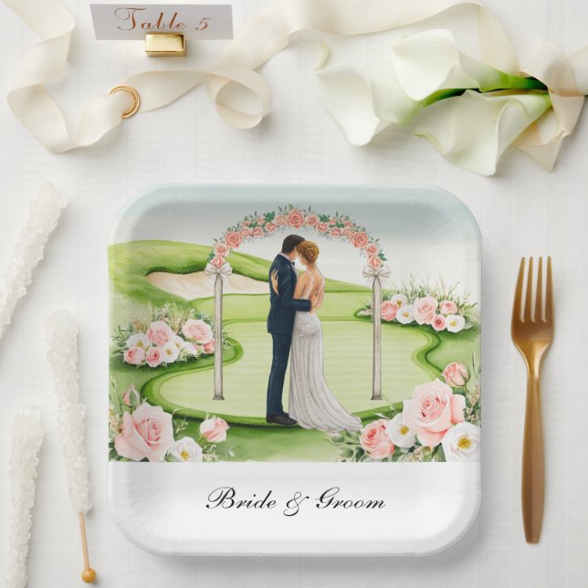 Golf Bride and Groom on Golf Course Wedding Paper Plate (Wedding)