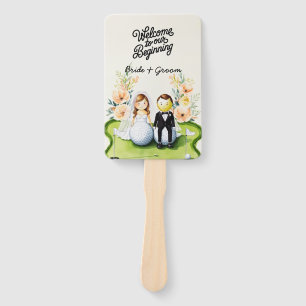 Golf bride and groom Wedding on putting green Hand Fan