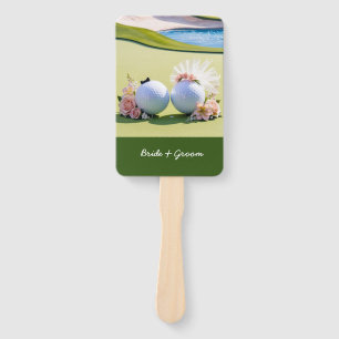 Golf bride and groom Wedding on putting green Hand Fan